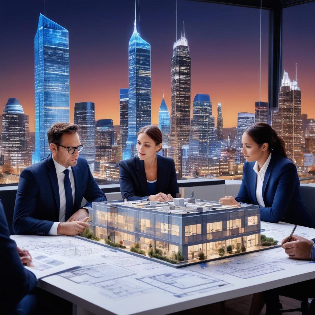 A collage of diverse real estate experts discussing property insights in a modern office setting, surrounded by blueprints, property listings, and cityscape visuals. Include a close-up of architectural models and a glowing 'For Sale' sign. Capture a sense of collaboration and expertise, with warm lighting and a bustling city backdrop. vibrant colors. 3D. hyper-realistic.