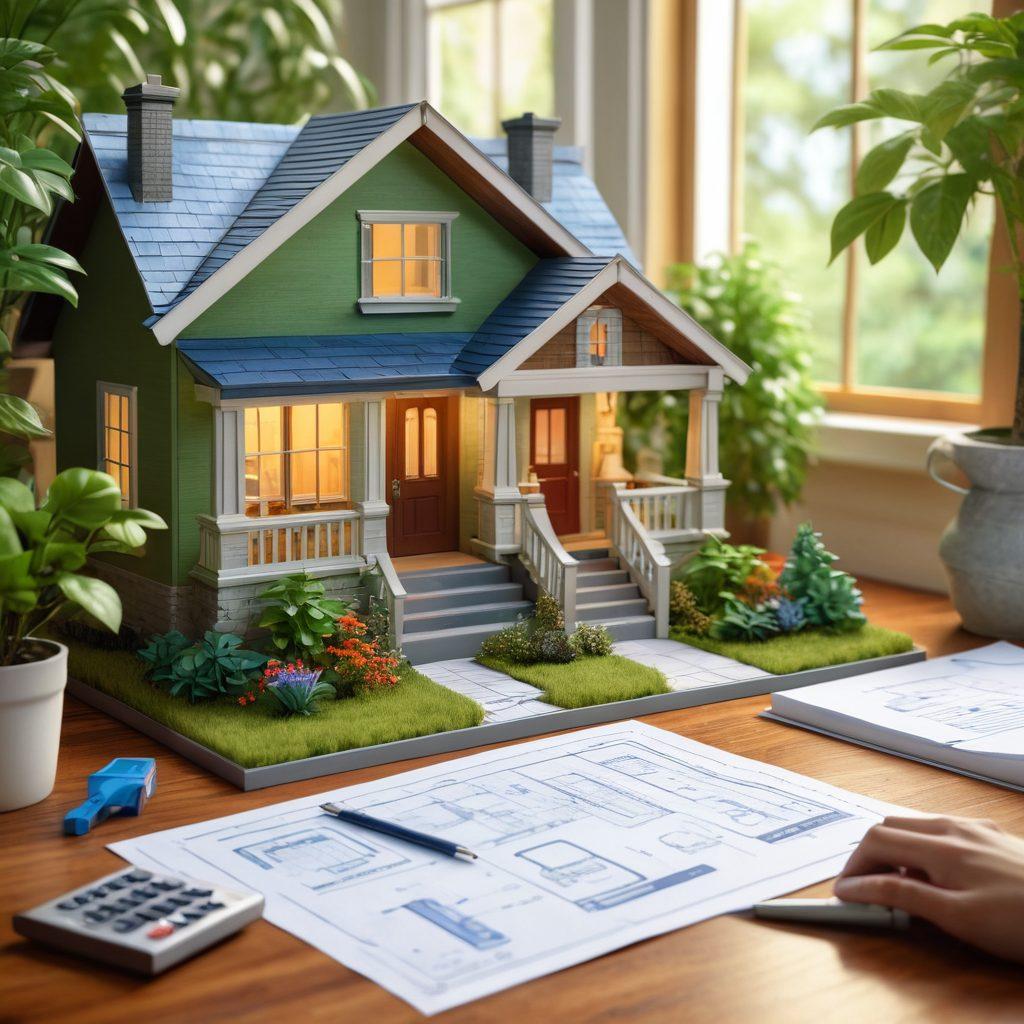 A cozy home with a welcoming entrance surrounded by lush greenery, featuring a family happily discussing over a blueprint in the foreground. Include elements symbolizing smart investment, such as a calculator, charts, and a key. The background should depict a thriving neighborhood. vibrant colors. warm atmosphere. super-realistic.